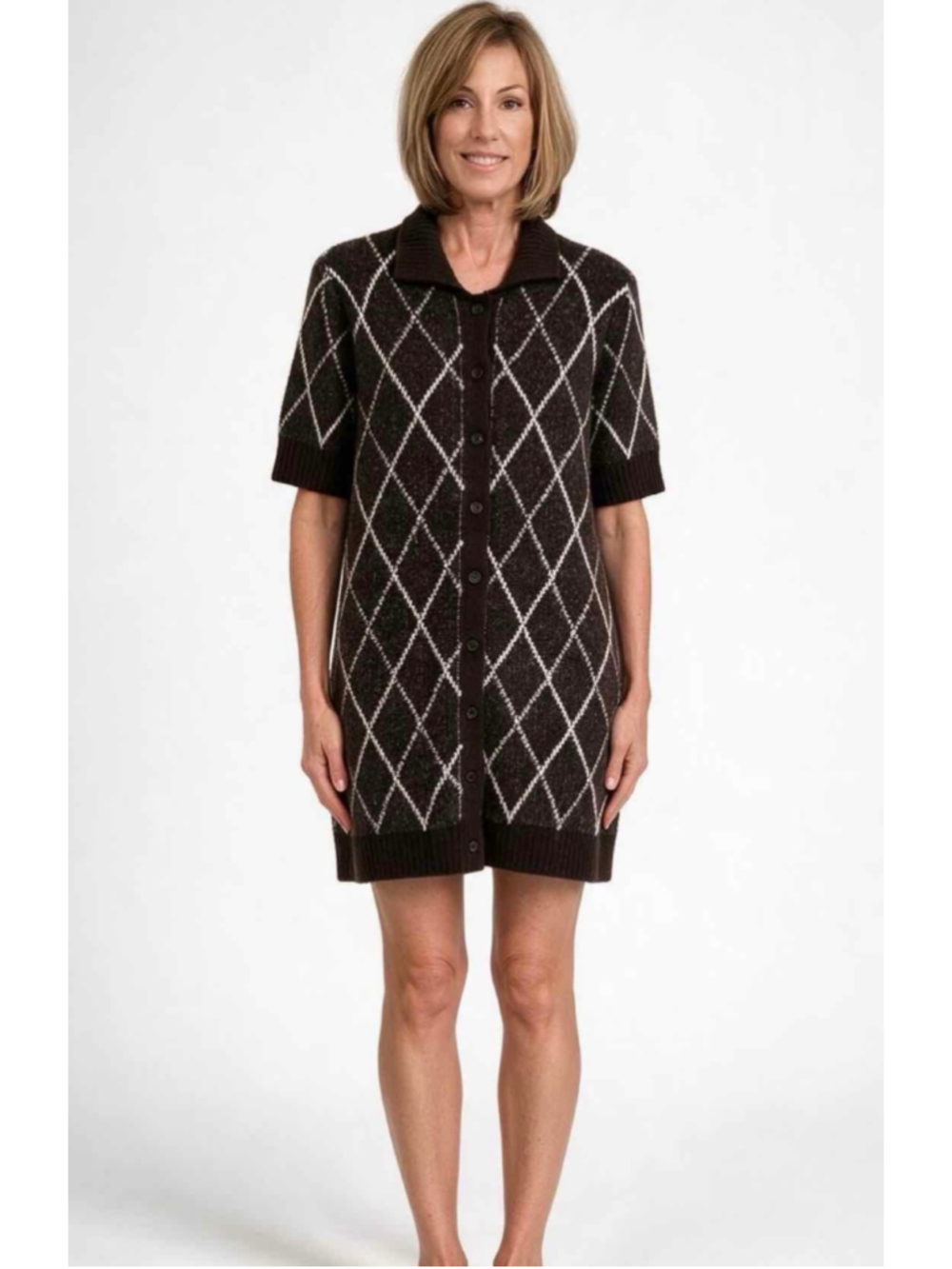 Anthropologie Rhinestone Sweater Shift Dress NWT Brown Argyle Medium
